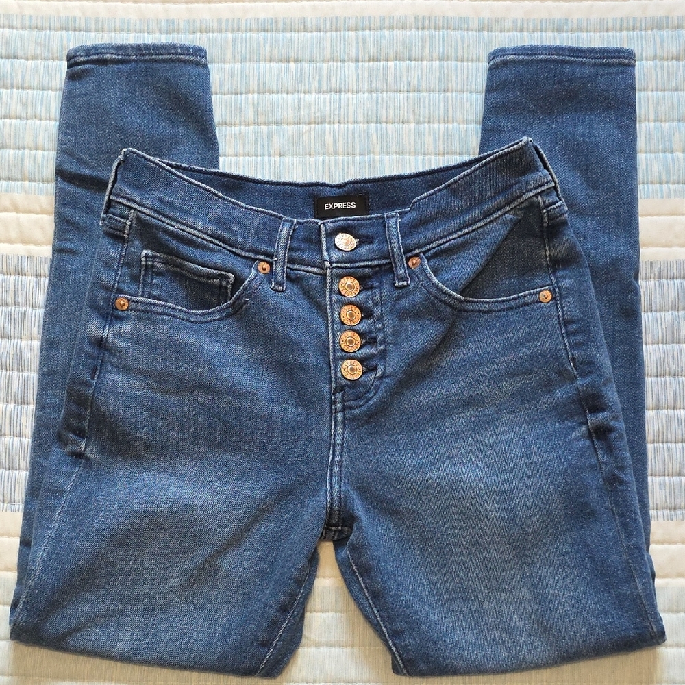 Express High-Rise Button-Fly Jeans - Dark Blue